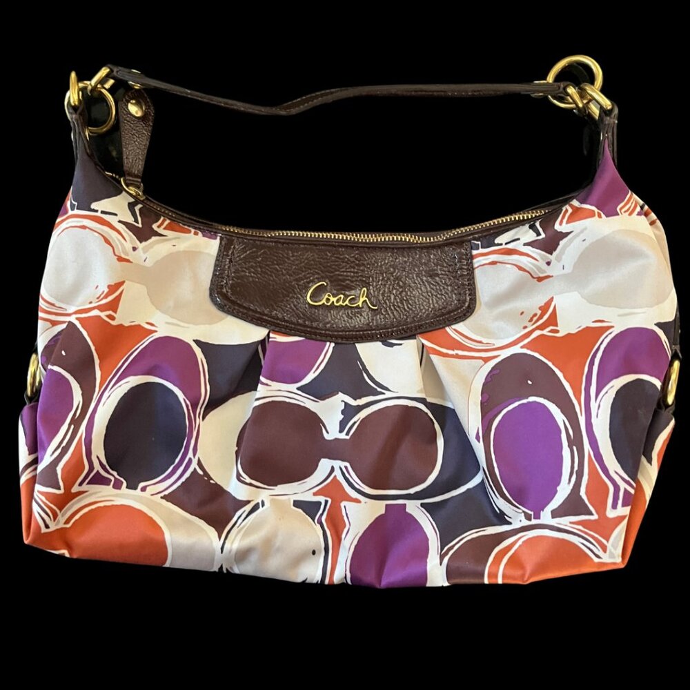 COACH Signature Scarf Print Multicolor Nylon purse with patent leather trim